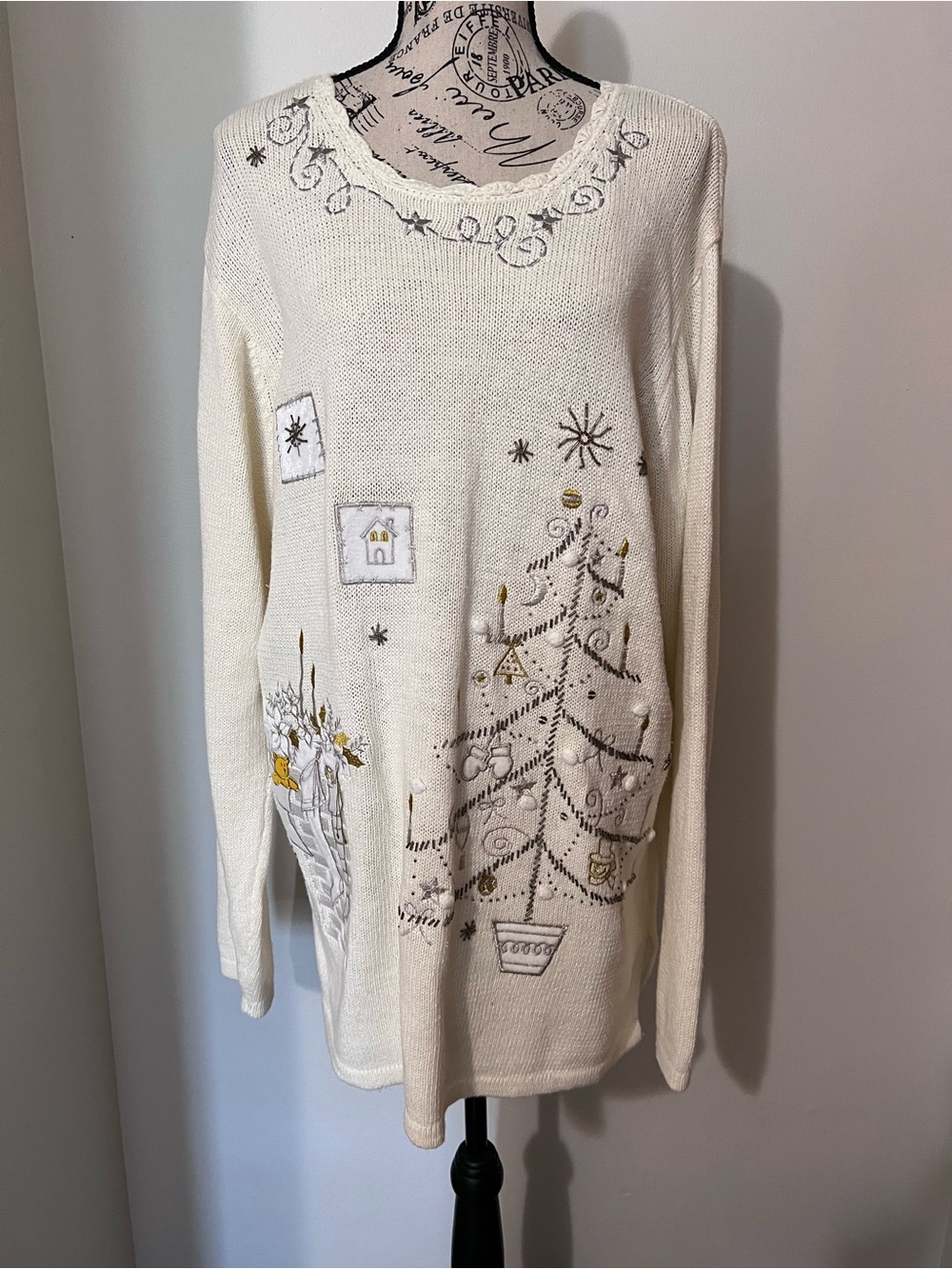 Holiday Editions Vintage Beaded Christmas Tree Tunic Sweater Cream XL